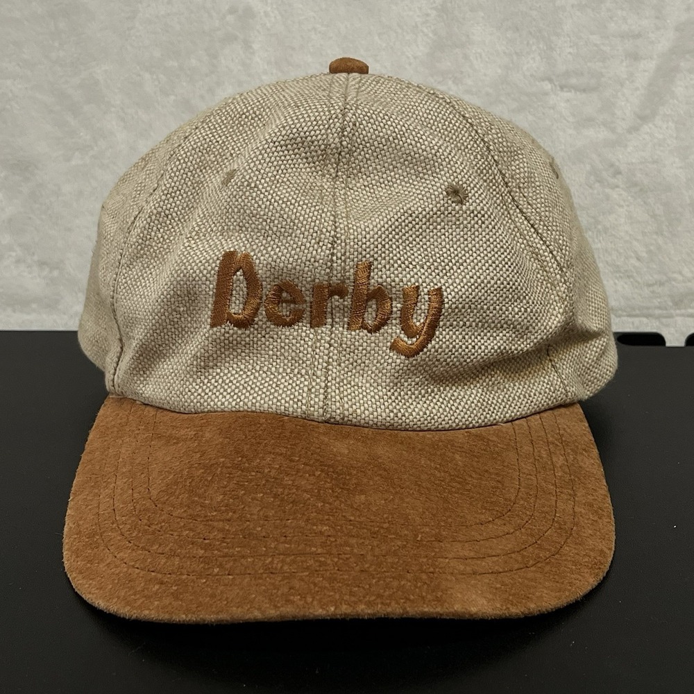 Vintage DERBY Cap Louisville Kentucky Baseball Hat Strapback Beige Brown Suede